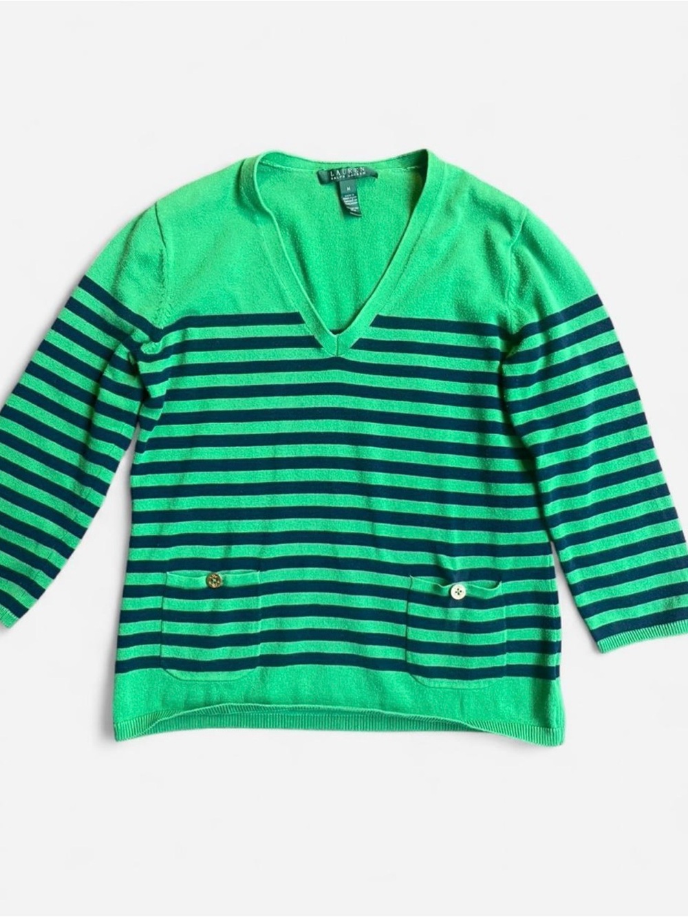 Lauren Ralph Lauren 100% Cotton Green V-Neck Striped Preppy 3/4 Sleeve Sweater M
